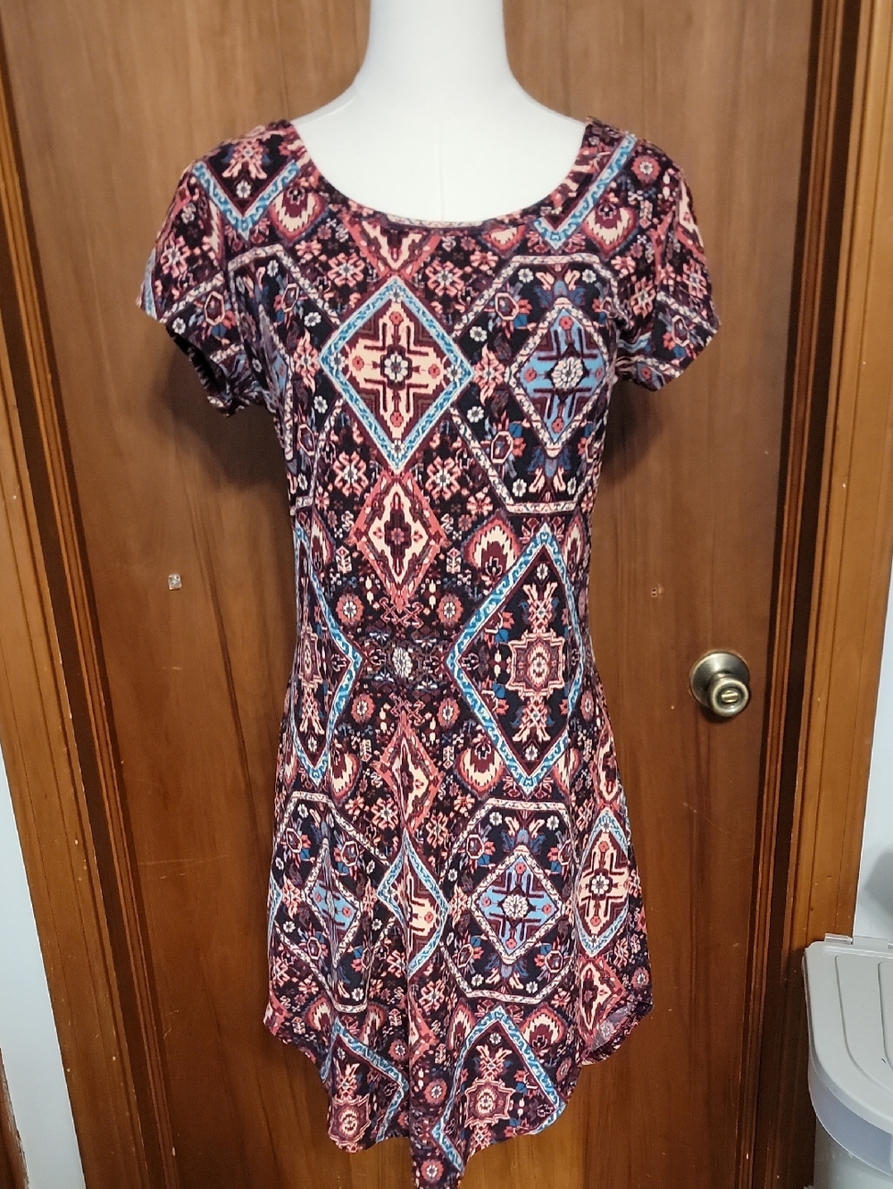 Source Unknown Short Sleeve Mini Dress in Burgundy and Teal